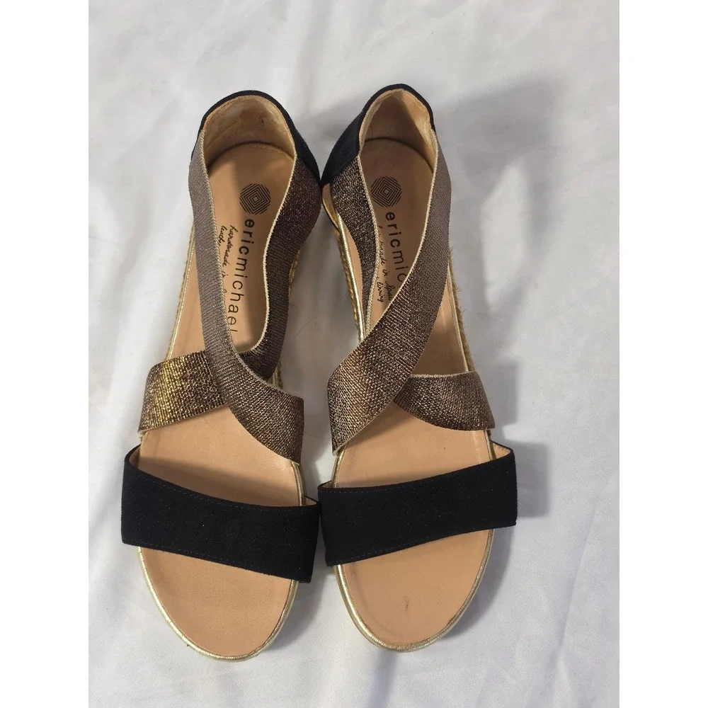 Eric Michael Spain Handmade BLK Suede Bronze Metallic Espadrille Wedge Sandal 9